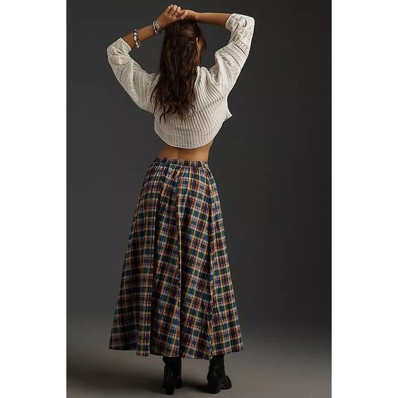 Anthropologie Maeve Jacie Blue Red Gold Plaid Poplin Full Midi Skirt SZ S - Picture 3 of 12